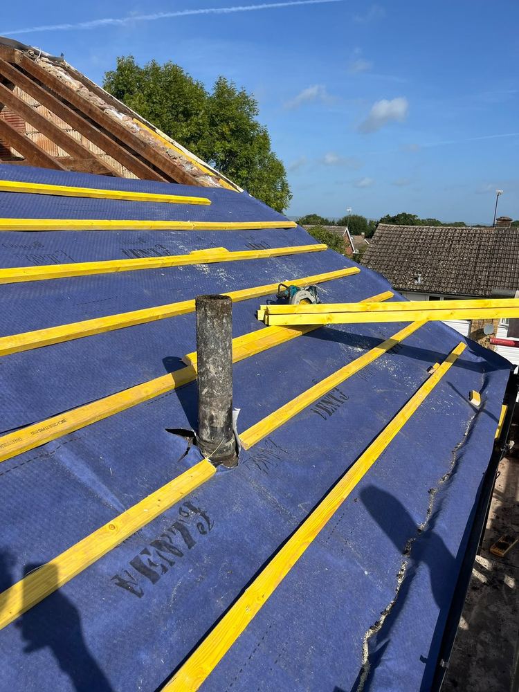 Breather membrane and battens run up to the chimney stack
